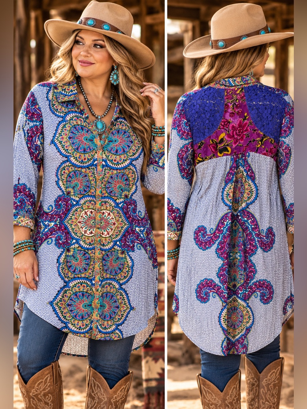 Aratta Silent Journey Tunic Shirt Size M Boho Western Paisley Lace Back